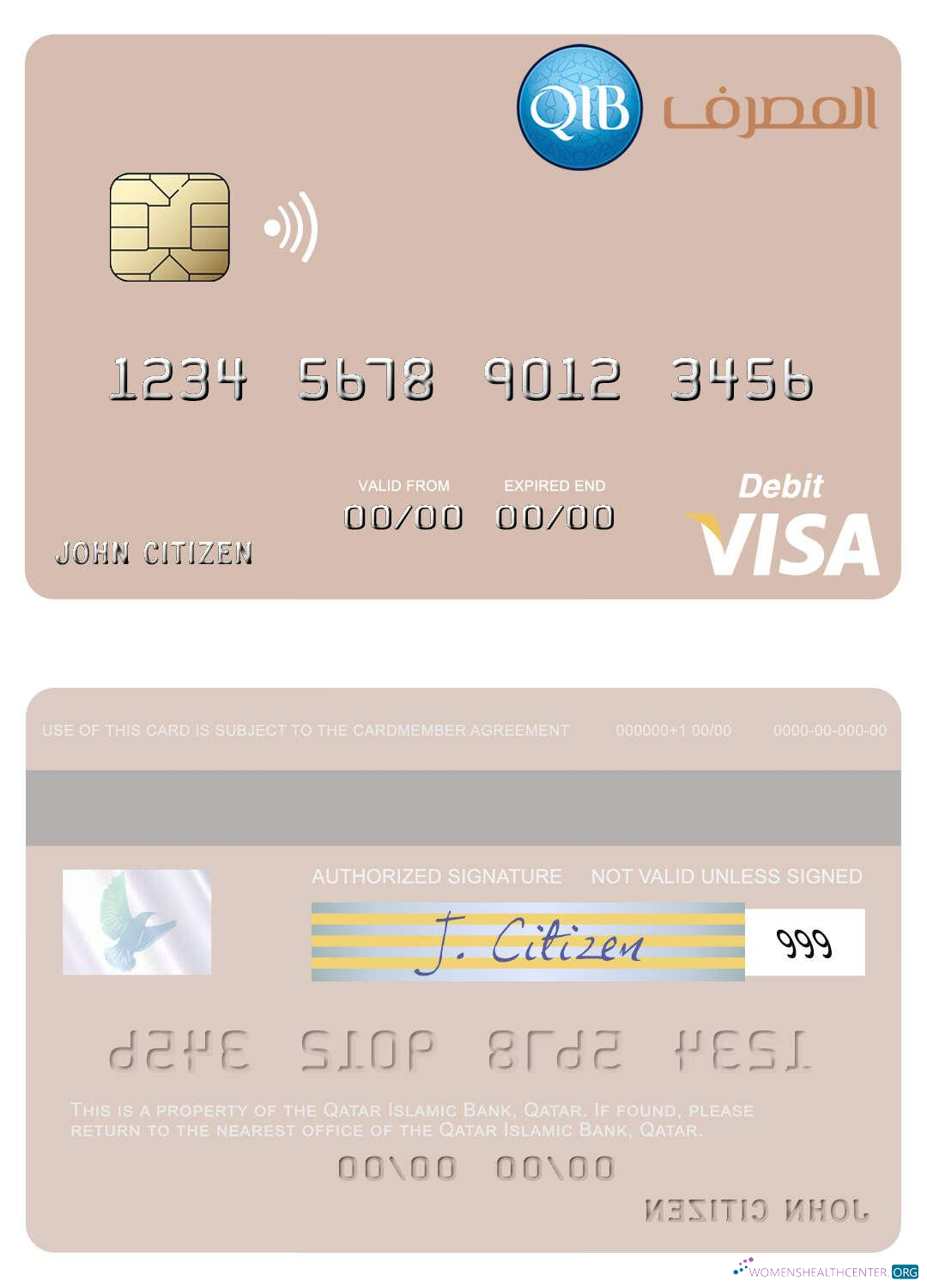 Download Qatar Islamic Bank visa debit card Photoshop template
